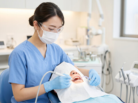 患者の口腔内を点検し治療を進める歯科衛生士の女性