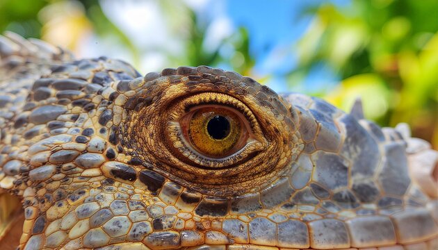 macro shot of an iguana&rsquo;s yellow eye
