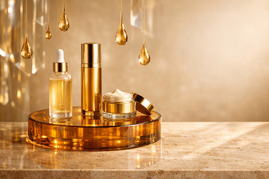 Luxury Amber Glass Podium with Golden Serum Refractions for Skincare Product Display