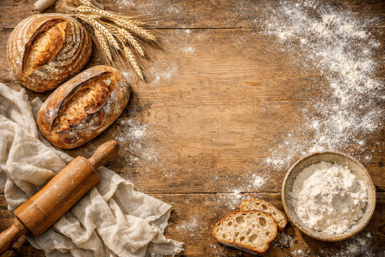 Artisan Bakery Flat Lay with Rustic Bread and Premium Culinary Copy Space Design