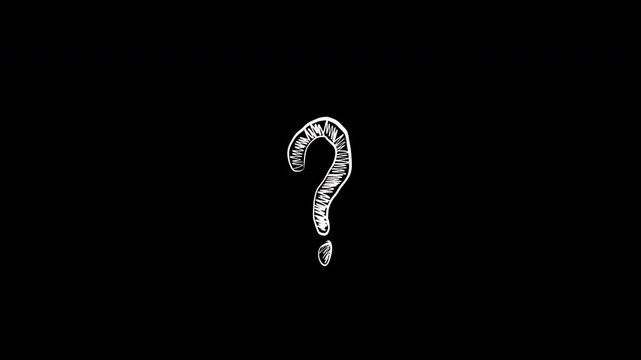 White hand-drawn scribble question mark symbol on black background
