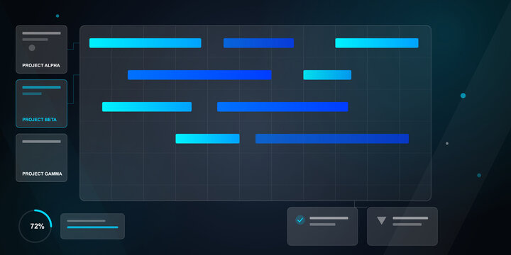 Digital project management dashboard interface with gantt chart on transparent background