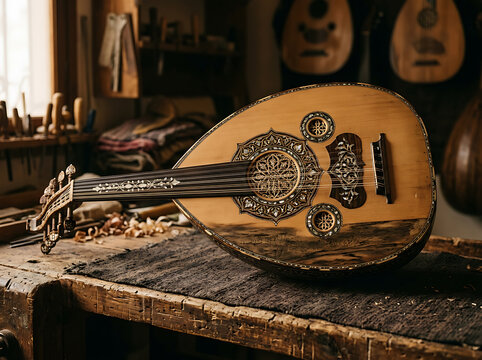 Traditional handcrafted oud musical instrument resting on a rustic wooden workbench in a luthier workshop.