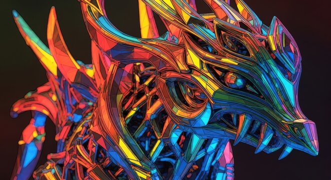Vibrant Iridescent Holographic 3D Dragon Head Abstract Digital Art