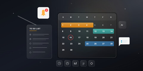 Fototapeta premium Digital task management dashboard with calendar on transparent background