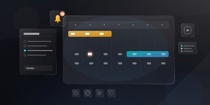 Digital interface dashboard with interactive workflow elements on transparent background