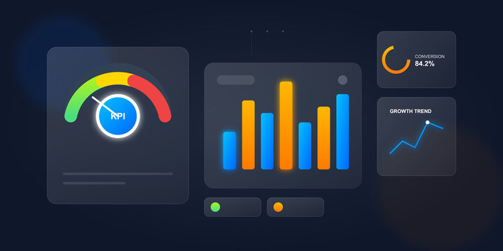 Digital business analytics dashboard interface with graphical data on transparent background