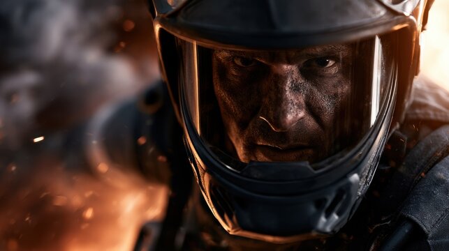 Intense firefighter portrait in action, soot-covered face, surrounded by fire and smoke, symbolizing bravery and rescue.