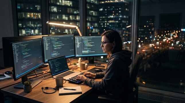 Late Night Coding Session: A focused individual works diligently at a desk in a dimly lit room, illuminated by the glow of multiple computer monitors displaying lines of code.