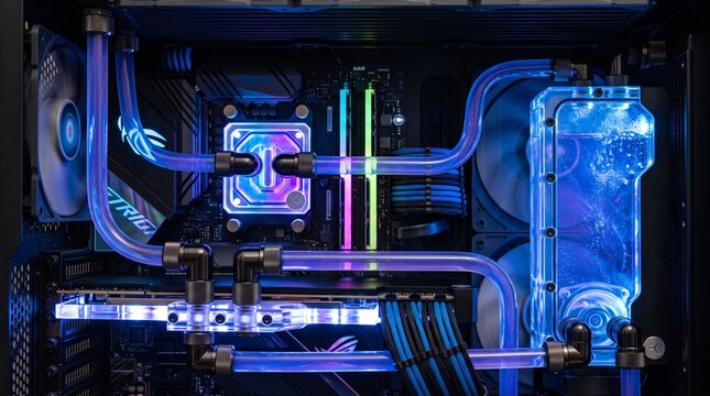Custom Water-Cooled PC Build: A meticulously crafted computer showcases a custom water-cooling system with vibrant blue and purple coolant flowing through clear tubing.