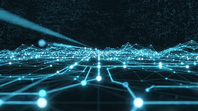Abstract 3D digital wireframe circuit board terrain wave grid moving with bright cyan glowing nodes light streaks connectivity lines data stream dark background futuristic technology presentation temp