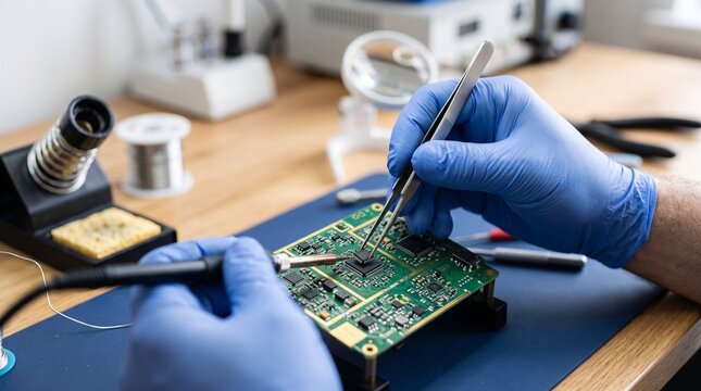 Precision Electronics Repair: A skilled technician, wearing blue gloves, meticulously works on a complex circuit board with tweezers and a soldering iron, surrounded by tools for electronic assembly.