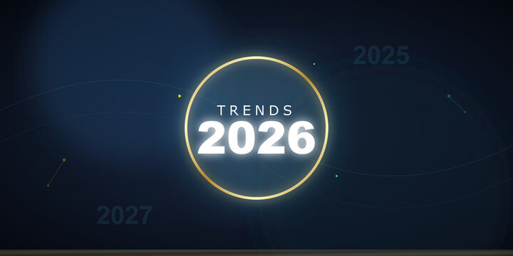 Futuristic trends 2026 typography graphic with golden circle design on transparent background