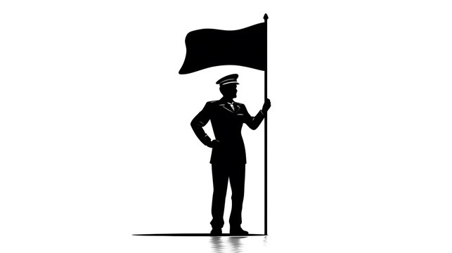 A silhouette of a man in a captain's uniform holding a flag on a pole. The man stands proudly with one hand on his hip and the other holding the flagstaff