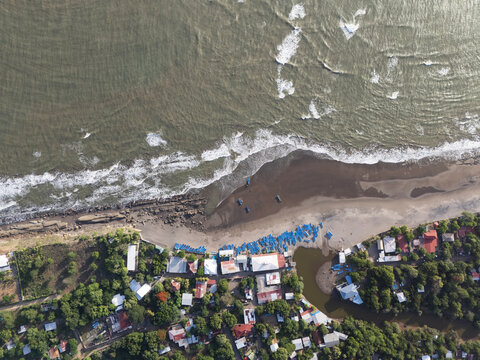 Fishing blue boats on beach