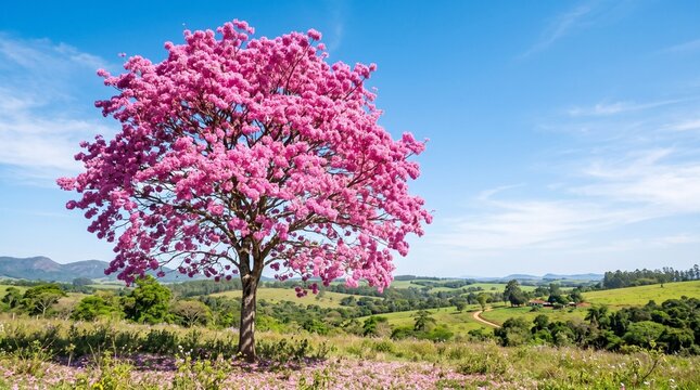 Blooming Pink Ipe Tree in a Serene Landscape: A solitary ipe tree adorned with vibrant pink blossoms stands majestically against a clear blue sky.