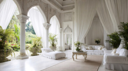 Fototapeta premium Elegant white interior of a luxurious living room with large windows, draped curtains, and tropical plants creating a serene atmosphere in a spacious setting