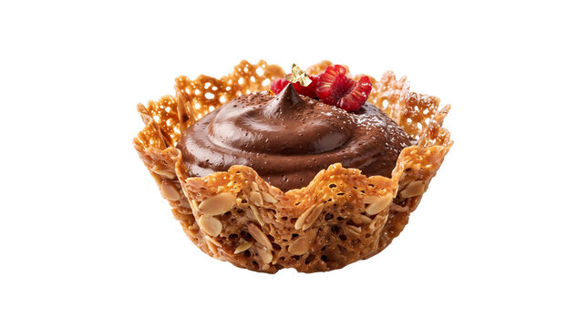 Almond tuile basket filled with silky chocolate mousse. Isolated on White background
