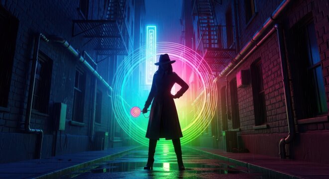 Urban Enigma Person Wielding a Glowing Orb in a Neon-Lit Back Alley