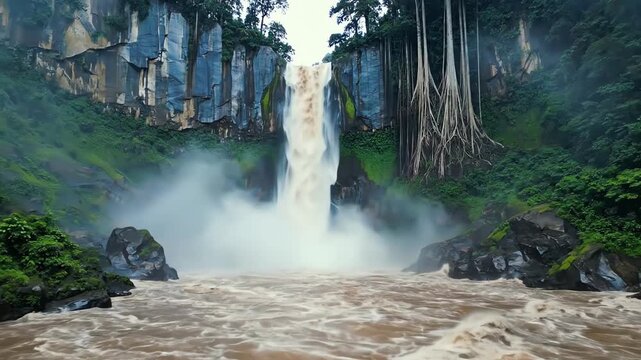 Majestic waterfall cascading into turbulent river in lush tropical ju&hellip;