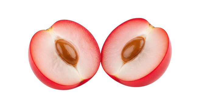 Fresh red plum halves with pits, ripe juicy plum fruit cross section, organic sweet stone fruit for healthy food design isolated PNG with Transparent Background