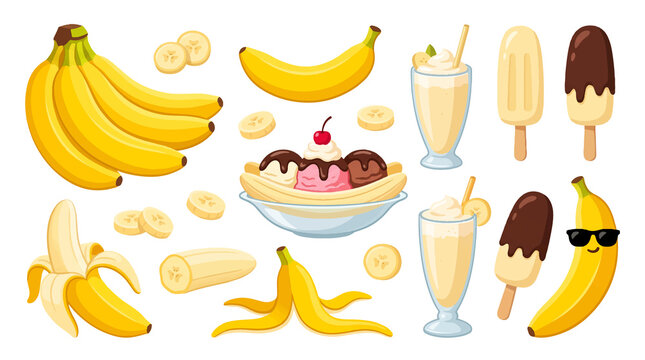 Banana fruit set with sweet desserts, milkshakes, ice cream, popsicles, and peeled banana vector elements
