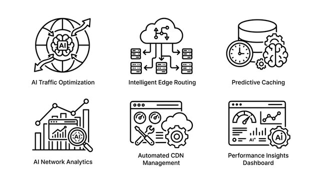 AI Networking and CDN Management Line Icon Set