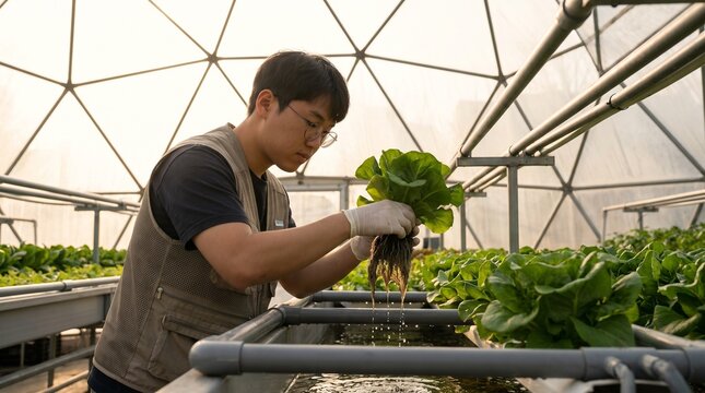 Modern hydroponic farming in geodesic dome, young male farmer harvesting fresh lettuce, sustainable indoor agriculture technology