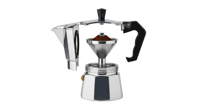 Classic moka pot exploded view, disassembled aluminum espresso maker parts, traditional Italian coffee brewer components isolated PNG with Transparent Background