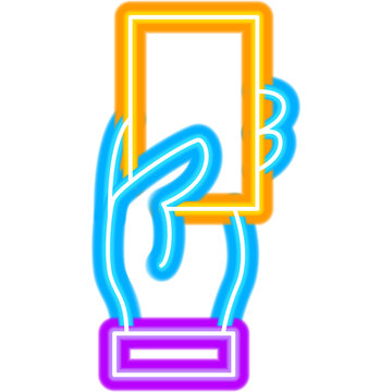 Hand Holding Yellow Card Neon Sign. Glowing Icon. Vector Illustration of Arbiter Soccer and Football Referee Isolated Object.