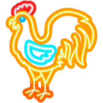 Rooster Neon Sign. Chicken Bird Glowing Icon. Vector Illustration of Country Farm Animal and Food Grill BBQ Concept Object.