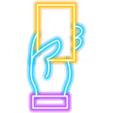 Hand Holding Yellow Card Neon Sign. Glowing Icon. Illustration of Arbiter Soccer and Football Referee Isolated Object.