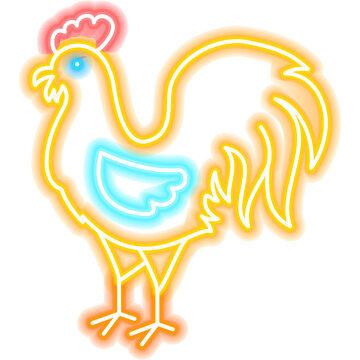 Rooster Neon Sign. Chicken Bird Glowing Icon. Illustration of Country Farm Animal and Food Grill BBQ Concept Object.