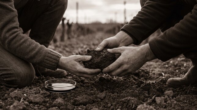 Vintage sepia soil analysis, farmers holding dark earth in vineyard, agricultural research and organic farming concept