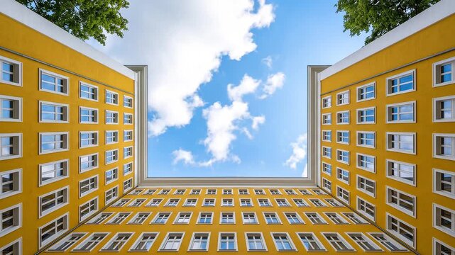 Worm eye view time lapse of yellow residential building courtyard with clouds moving across blue sky.