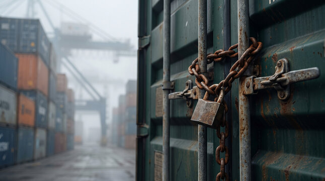 Heavy rusted chain locking cargo container door in shipping yard  