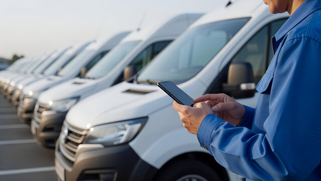 Row of white delivery vans with a worker using a smartphone outdoor parking lot scene