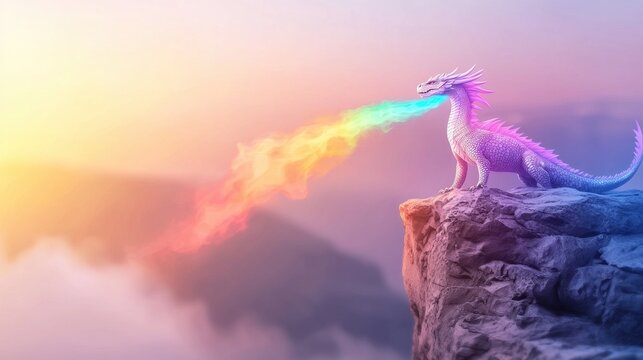 Rainbow Mythical Dragons Fierce dragon breathing rainbow colored fire, standing on a rocky cliff overlooking a fantasy landscape