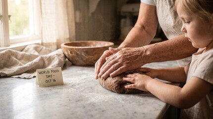 Fototapeta premium Warm rustic photo of grandmother and granddaughter kneading dark dough together on a marble kitchen counter, celebrating World Food Day, October 16