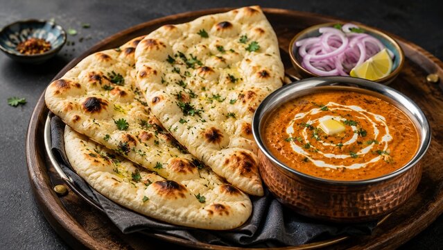 Freshly baked garlic butter naan bread served with rich butter chicken curry and onions