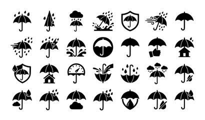 Obraz premium Minimal Rain Protection Umbrella Symbol Collection Black Vector Icon Set
