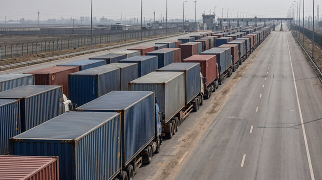 Long line of trucks waiting at border crossing representing Global Choke Points  