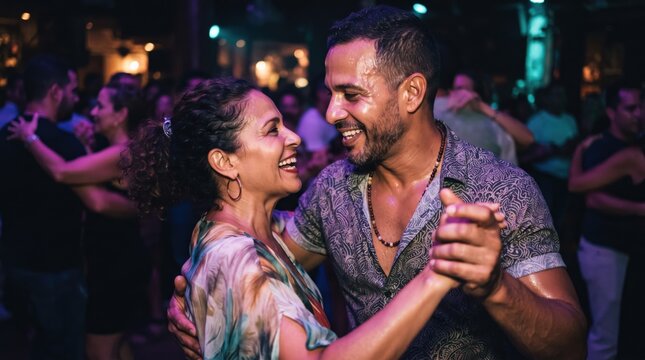 Man and woman dancing salsa in a crowded nightclub. Joyful couple enjoying social dance at a party. Latin music event and lifestyle night out with music and rhythm concept.