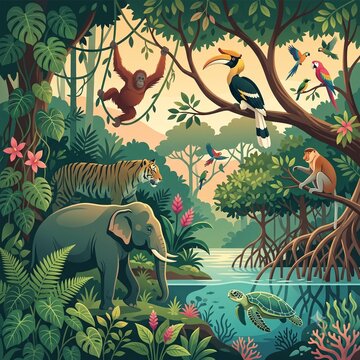 Tropical rainforest wildlife with tiger elephant and hornbill