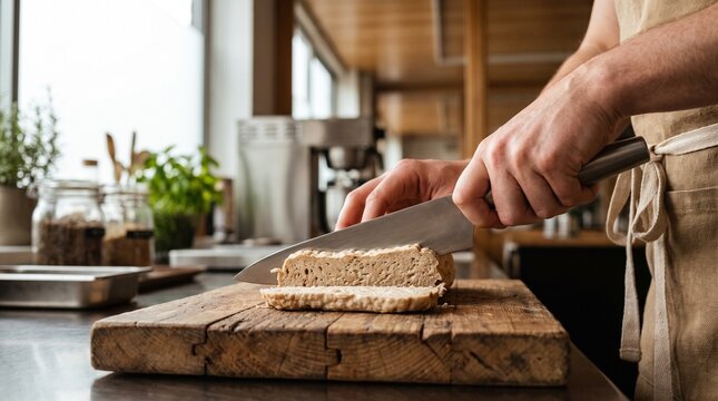 Close-up of a person's hands slicing a loaf of homemade bread on a rustic wooden cutting board, bright kitchen background, natural light, healthy eating concept