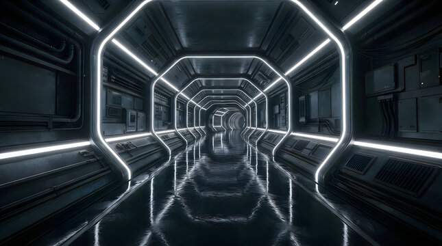 Mysterious tunnel with futuristic lighting and geometric design isolated on white background, illustration