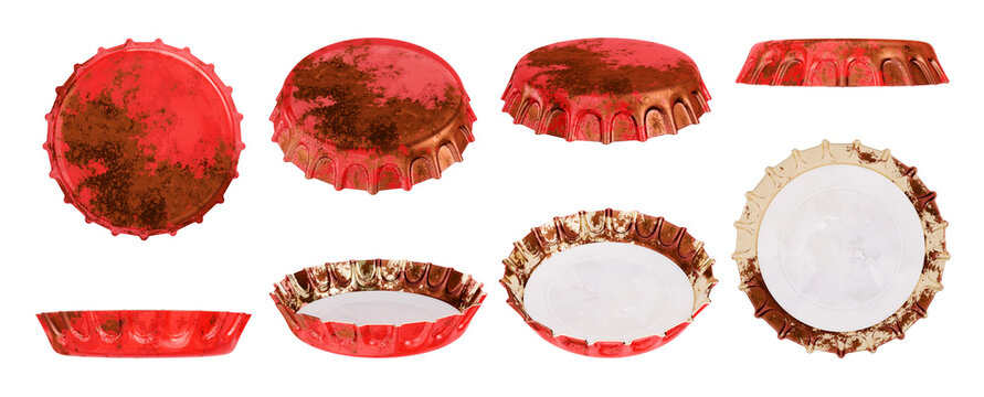 Mockup collection of weathered rusty red crown cork bottle caps displayed from multiple angles including top bottom and side profiles. 3D Rendering.