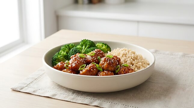 Teriyaki chicken bowl with steamed broccoli and brown rice served in a white bowl on a table. general tso chicken