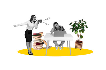 Fototapeta premium 3d banner image pop photo collage of angry teacher girl scream loudspeaker book stack upset student man sit desk laptop e-learning