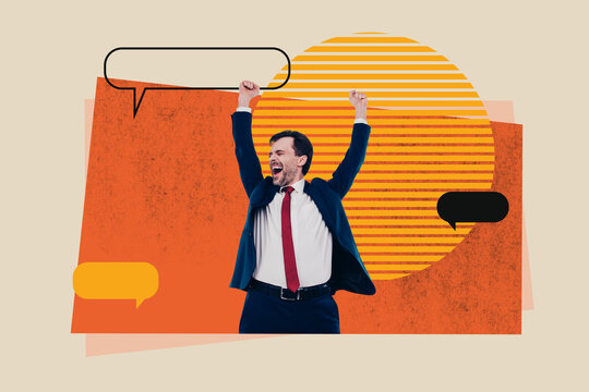 Contemporary artwork collage of excited man stand bubble communication speech talk chatterbox conversation monologue phrase